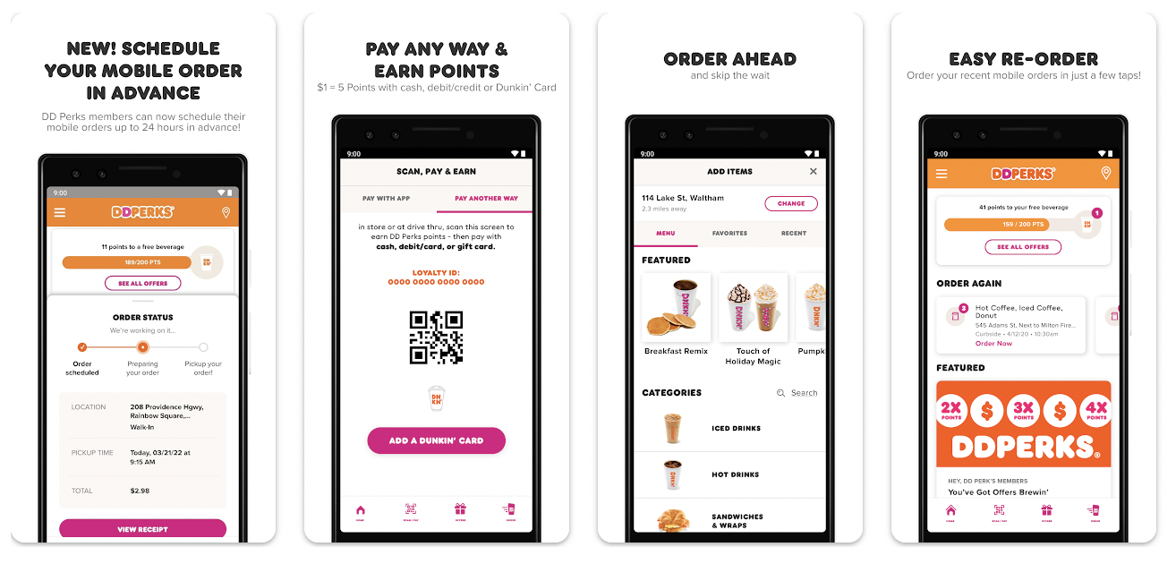 The Dunkin' Rewards Program app screenshots